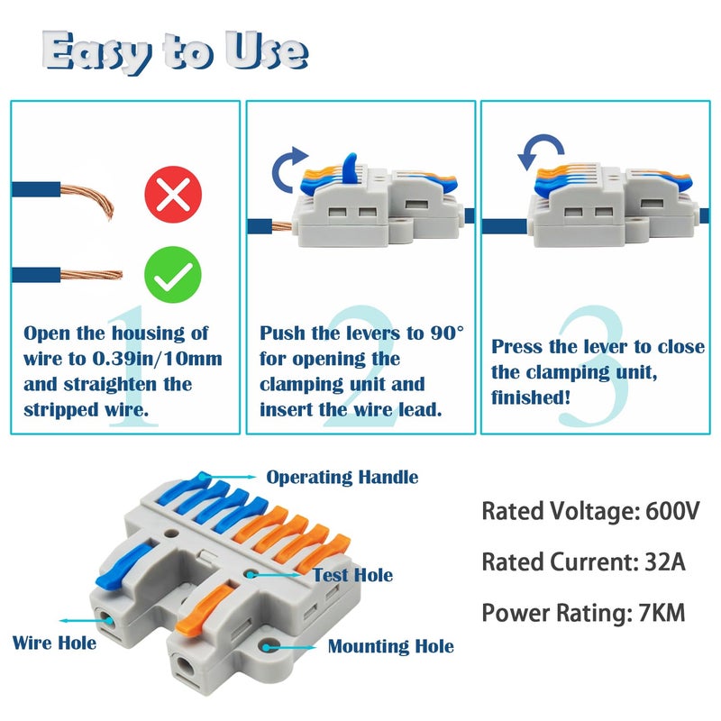 Tugermoola 9PCS Lever Wire Connectors Quick Wiring Cable Connector Electrical Lever Wire Cable Connectors Push-in Conductor Terminal Blocks (2 in 6 Out) - Image 4